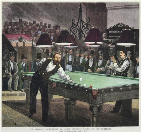 THE BILLIARD TOURNEMENT, 1875 silografia con acquarellatura coeva, cm 36x44...