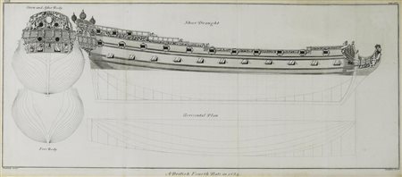 A BRITISH FOURTH RATE IN 1684, Londra XIX secolo incisione all'acquaforte e a...