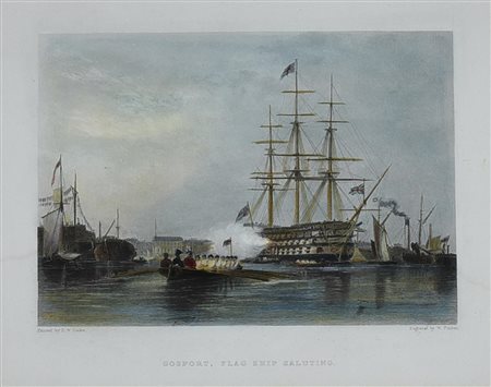 GOSPORT, FLAG SHIP SALUTING, Londra 1840 circa incisione a tecnica mista...