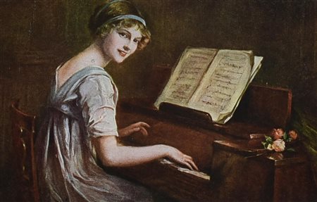 GIOVANE DONNA CHE SUONA IL PIANO, 1921 cromolitografia, cm 23x27,8 (con...