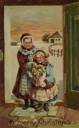 A MERRY CHRISTMAS, 1908 cromolitografia, cm 27x22 (con cornice) Cartolina...