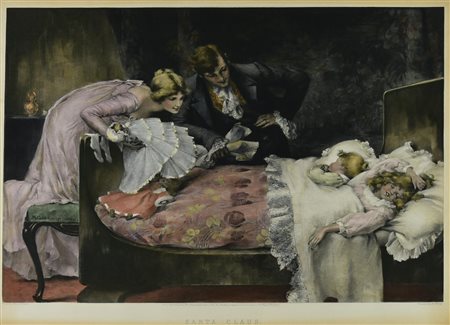 SANTA CLAUS acquaforte acquarellata, cm 81,5x97,5 sul retro: certificato di...