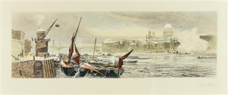 TIDAL THAMES acquaforte acquarellata, cm 57x101 (con cornice) Opera...