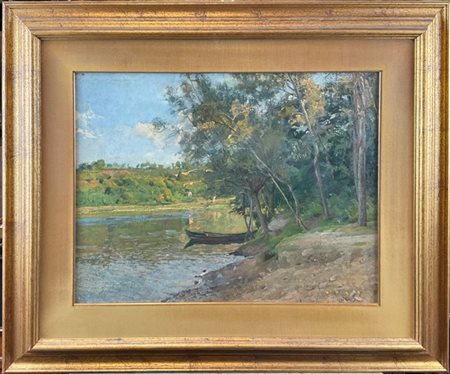 Enrico Ravetta "Lago di Lecco" 
olio su tela (cm 45x58)
firmato in basso a sinis