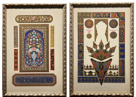 Coppia di litografie a colori raffiguranti motivi decorativi per pareti ed arre