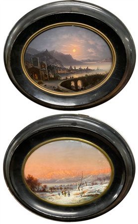 Brivio Lotto di due fixè ovali raffiguranti vedute lombarde, in cornici ebanizza