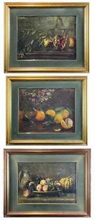 Enrico Ravetta "Tre composizio con frutta" 
olio su diversi supporti (cm max 32x