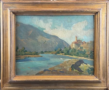 Enrico Ravetta "Scorcio lacustre" 
olio su cartone telato (cm 34,5x44,5)
in corn