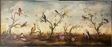 Ignoto, secolo XX, Paesaggio con volatili e fiori, olio su tela (cm 110x260) (d
