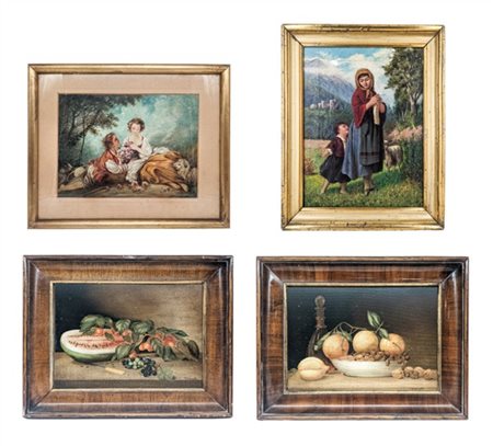Lotto composto da due riproduzioni di nature morte e due dipinti raffiguranti r
