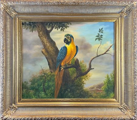 Ignoto, secolo XX. 
Pappagallo su ramo entro paesaggio, olio su tela (cm 50x60)