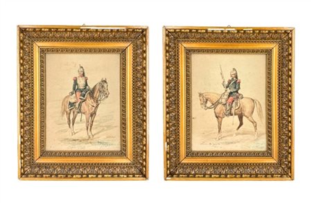 Marcel Eugène Louveau-Rouveyre "Coppia di acquerelli su carta raffiguranti milit