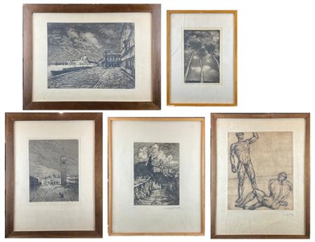 Lotto composto da cinque acqueforti di soggetto e misure diverse (misura max fo