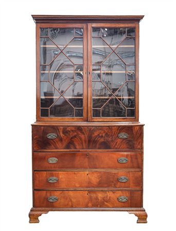 Bureau bookcase a due corpi in mogano e piuma di mogano, parte superiore con du