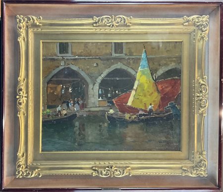 Nicolas De Corsi "Barche a Venezia" 
olio su compensato (cm 40x50)
firmato in ba