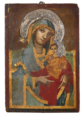 Arte russa, secolo XIX. Icona a tempera su tavola raffigurante Madonna col Bamb