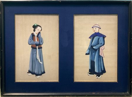 Arte cinese, secolo XX. Due dipinti, inchiostro su seta. In cornice (difetti)
