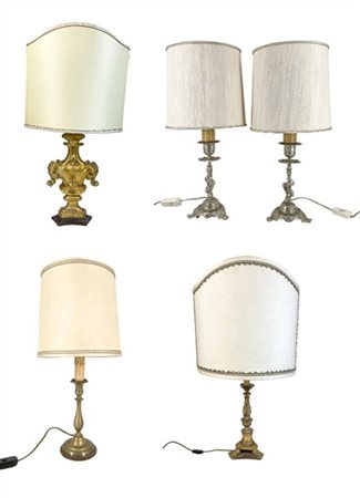Lotto di di cinque diverse lampade d'appoggio di cui due con antico sostegno le
