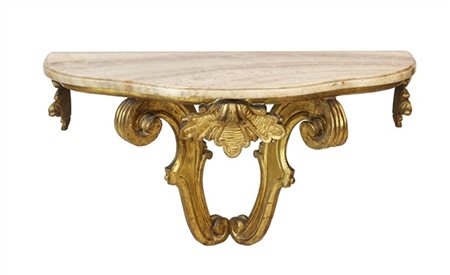 Mensola in legno intagliato e dorato con doppio sostegno a voluta e fregi pende