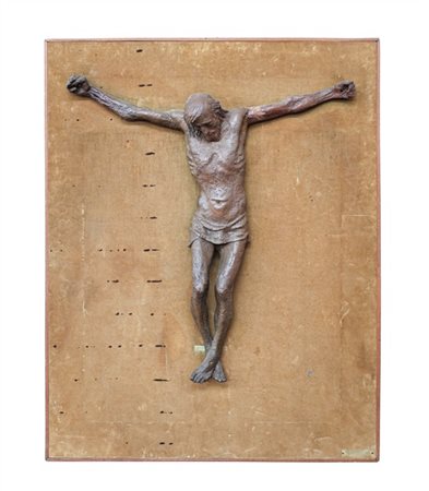 * Ignoto, Crocifisso, terracotta patinata (cm 54x47) su pannello con cornice (c