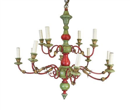 Lampadario a dodici luci in legno tornito e metallo dipinto (h cm 80, d 83) (di