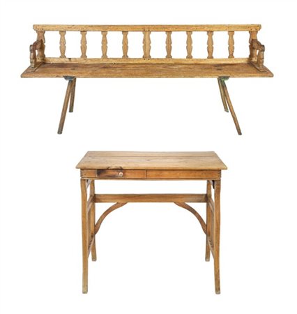 Lotto composto da una panca con schienale e braccioli a giorno ed un piccolo sc