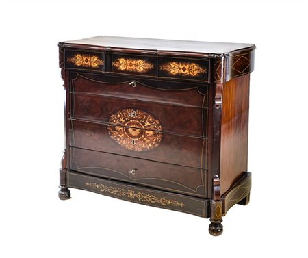 Cassettone con scrittoio in mogano intarsiato e filettato in legni chiari a mot