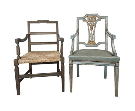 NO ASTA - Lotto composto da due poltrone in legno dipinto, di cui una con seduta in corda