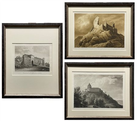 Gruppo di tre litografie monocrome raffiguranti monumenti piemontesi. In cornic