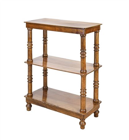 Etagère in noce a tre ripiani con sostegni torniti. Secolo XIX (cm 69x89x34) (d