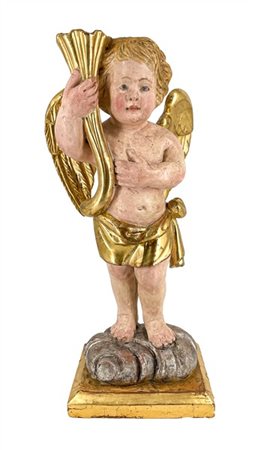 Arte del secolo XIX. Angelo reggicornucopia in legno intagliato, dipinto e dora