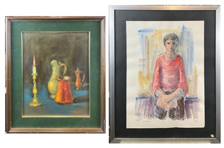 Lotto composto da un olio su tela raffigurante natura morta con vasi e candela