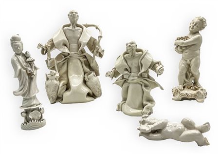 Lotto composto da tre statuette Blanc de Chine, Cina secolo XX e due europee in