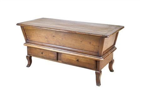 Madia in noce con fronte a due cassetti alla base e piedi mossi, piano in appog