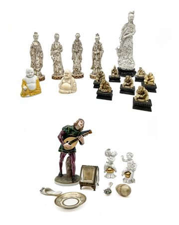 Cartone contenente numerosi oggetti in porcellana, osso e altri materiali di fo