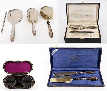 Lotto composto da un binocolo, due servizi da toilette ed uno da dolce in lamin