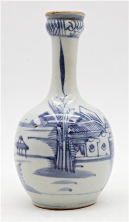 Vaso in porcellana bianca e blu decorato con motivo di paesaggio 
Cina, secolo