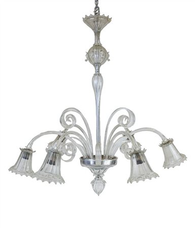 Manifattura di Murano. Lampadario in vetro incolore a sei luci con bracci e dec
