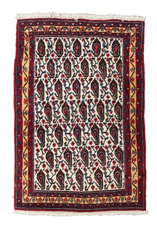 Tappeto Kamseh, Persia, secolo XX. Decoro con file di Boteh policromi su fondo