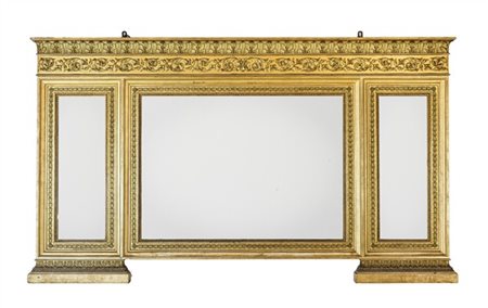 Caminiera in legno e pastiglia dorata a triplo specchio rettangolare, bordure e