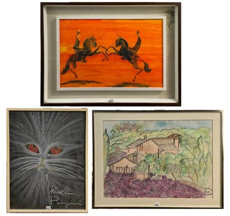 Lotto di tre tecniche miste su carta di soggetto, tecnica e misure diverse (mis