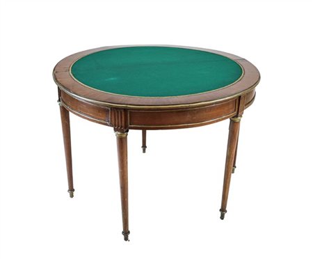 Tavolo da gioco in mogano con piano a mezza luna ribaltabile celante riserva in