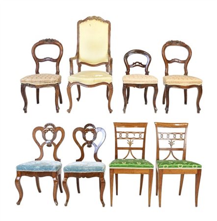 Lotto composto da una poltrona e sette diverse sedie in legni vari. Secolo XIX-