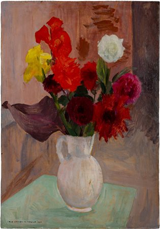 Composizione con vaso di fiori</br>Al retro ritratto di fanciulla