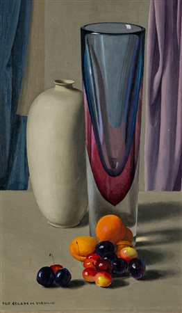 Composizione con vasi, albicocche e ciliegie