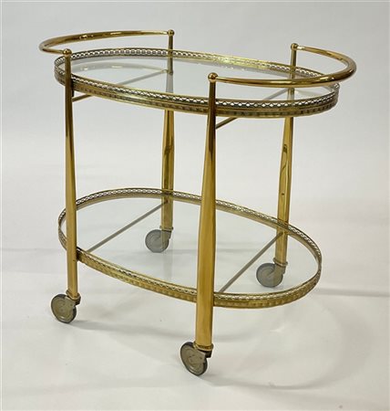 Carrellino a due ripiani ovali in vetro con struttura e ghiere traforate in ott