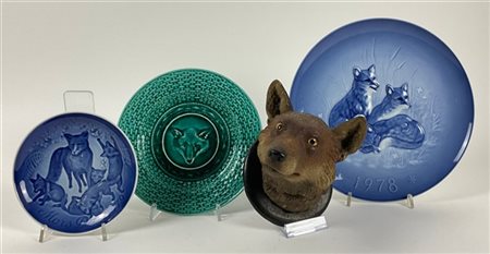 Manifatture diverse Lotto composto da una testa di volpe in terracotta dipinta e