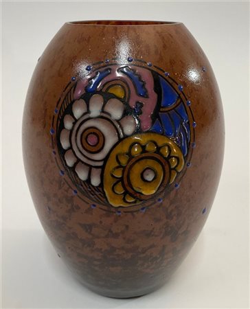 Delatte Vaso in vetro maculato decorato a smalti con fiori. Nancy, 1925ca. Firma