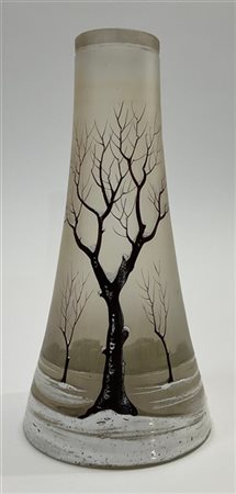 Manifattura francese Vaso in vetro soffiato opalescente con paesaggio innevato d
