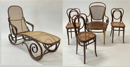 Lotto composto da tre sedie di Jacob & Josef Kohn, una poltroncina Thonet, e un